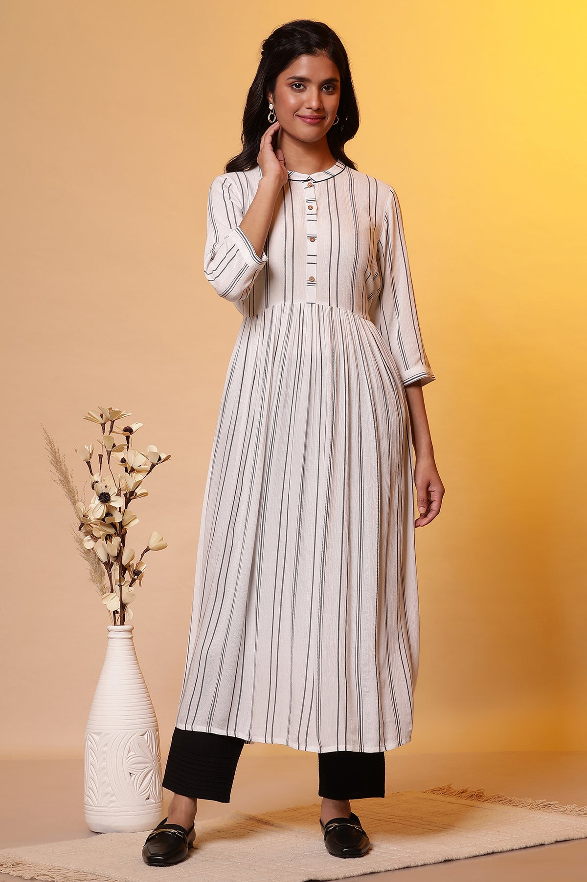 White Flared Striped Kurta - XS