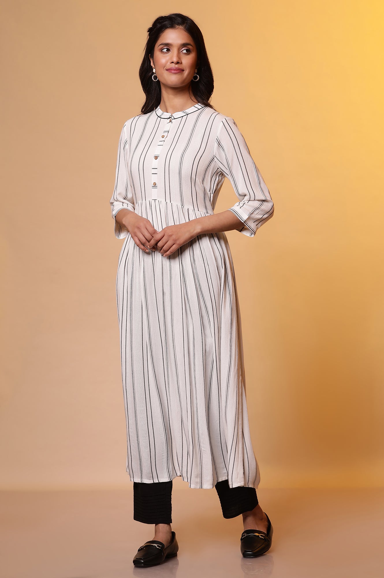 White Flared Striped Kurta