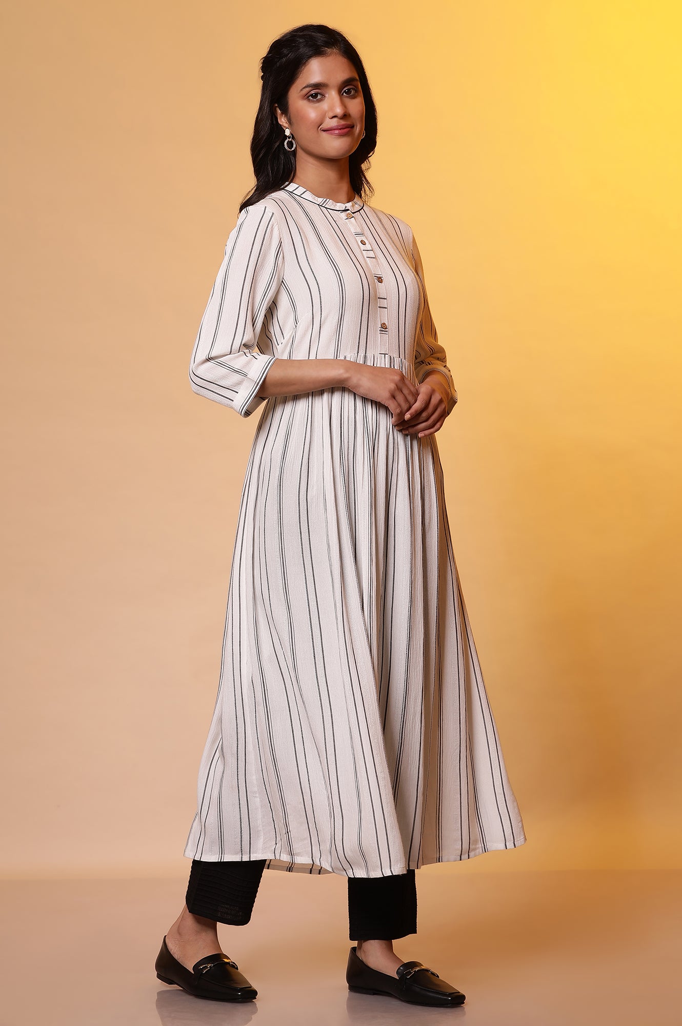 White Flared Striped Kurta