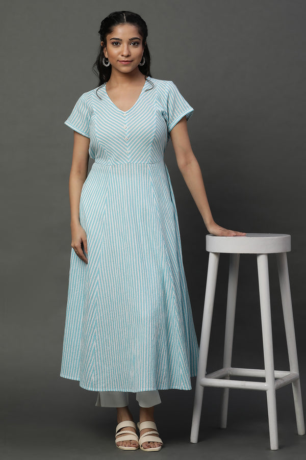 Blue and White Textured Cotton Lurex Stripes Flared Kurta