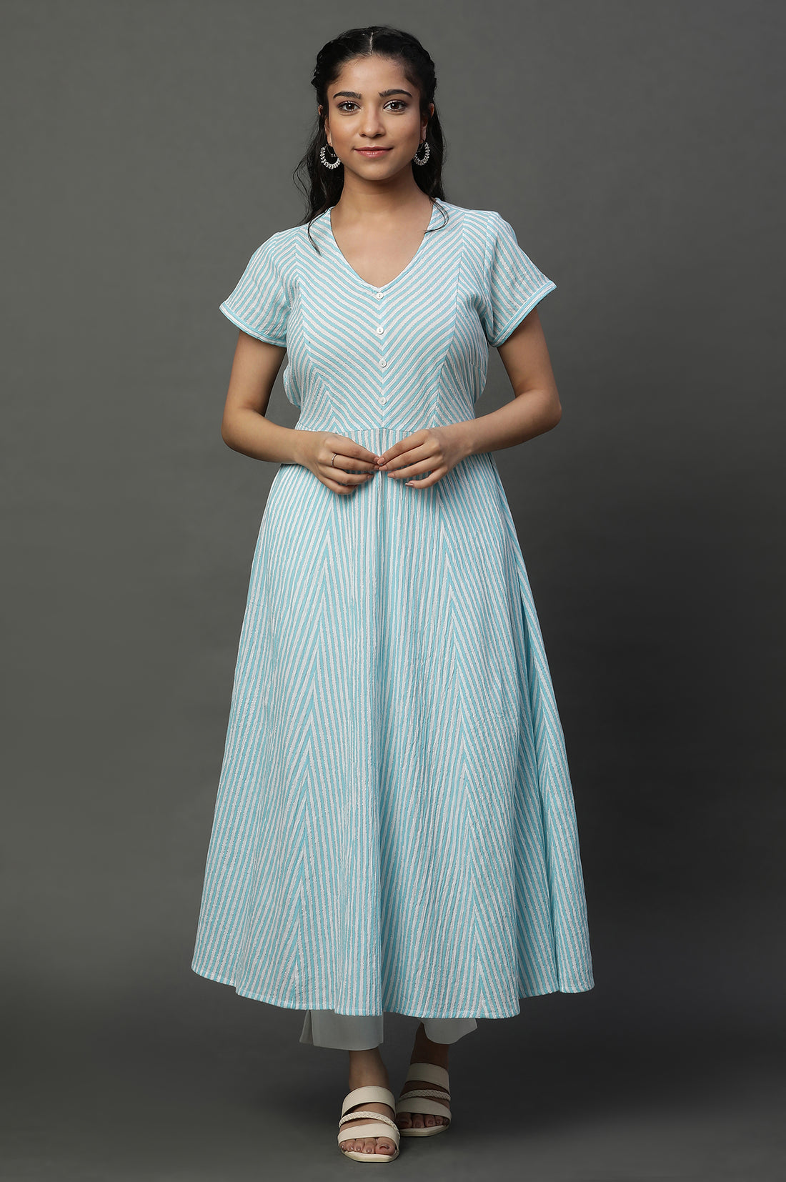 Blue and White Textured Cotton Lurex Stripes Flared Kurta