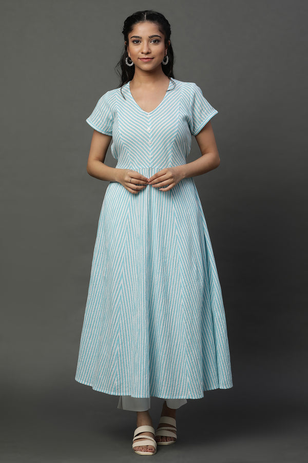 Blue and White Textured Cotton Lurex Stripes Flared Kurta