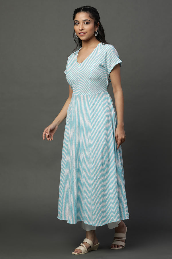 Blue and White Textured Cotton Lurex Stripes Flared Kurta