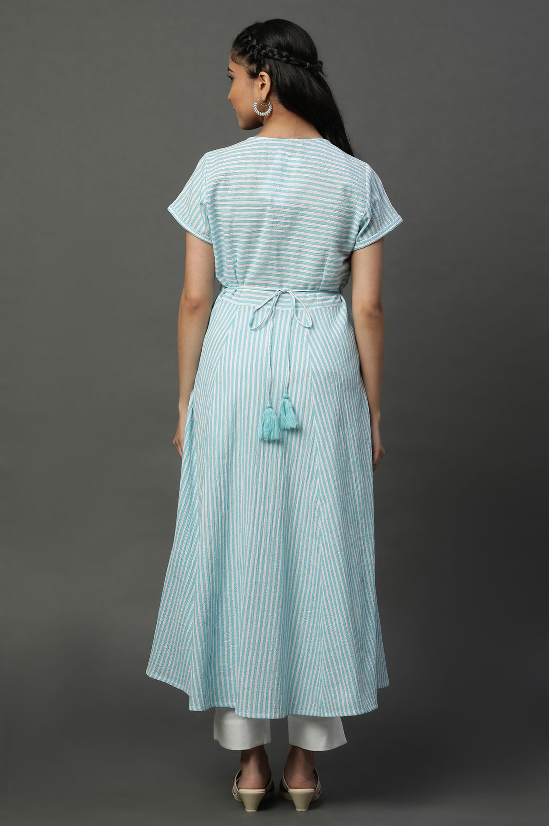 Blue and White Textured Cotton Lurex Stripes Flared Kurta