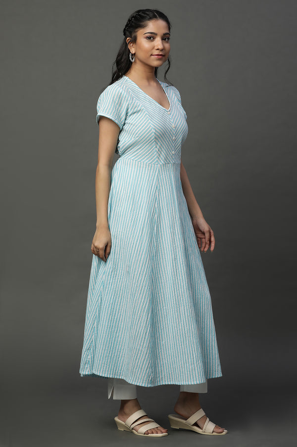 Blue and White Textured Cotton Lurex Stripes Flared Kurta