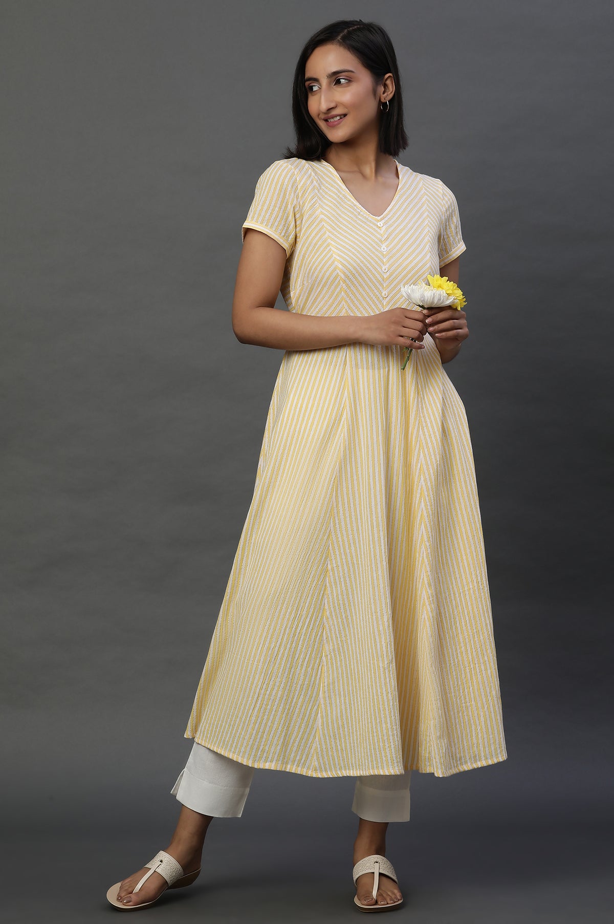 Yellow and White Cotton Lurex Stripes Flared Kurta - XS