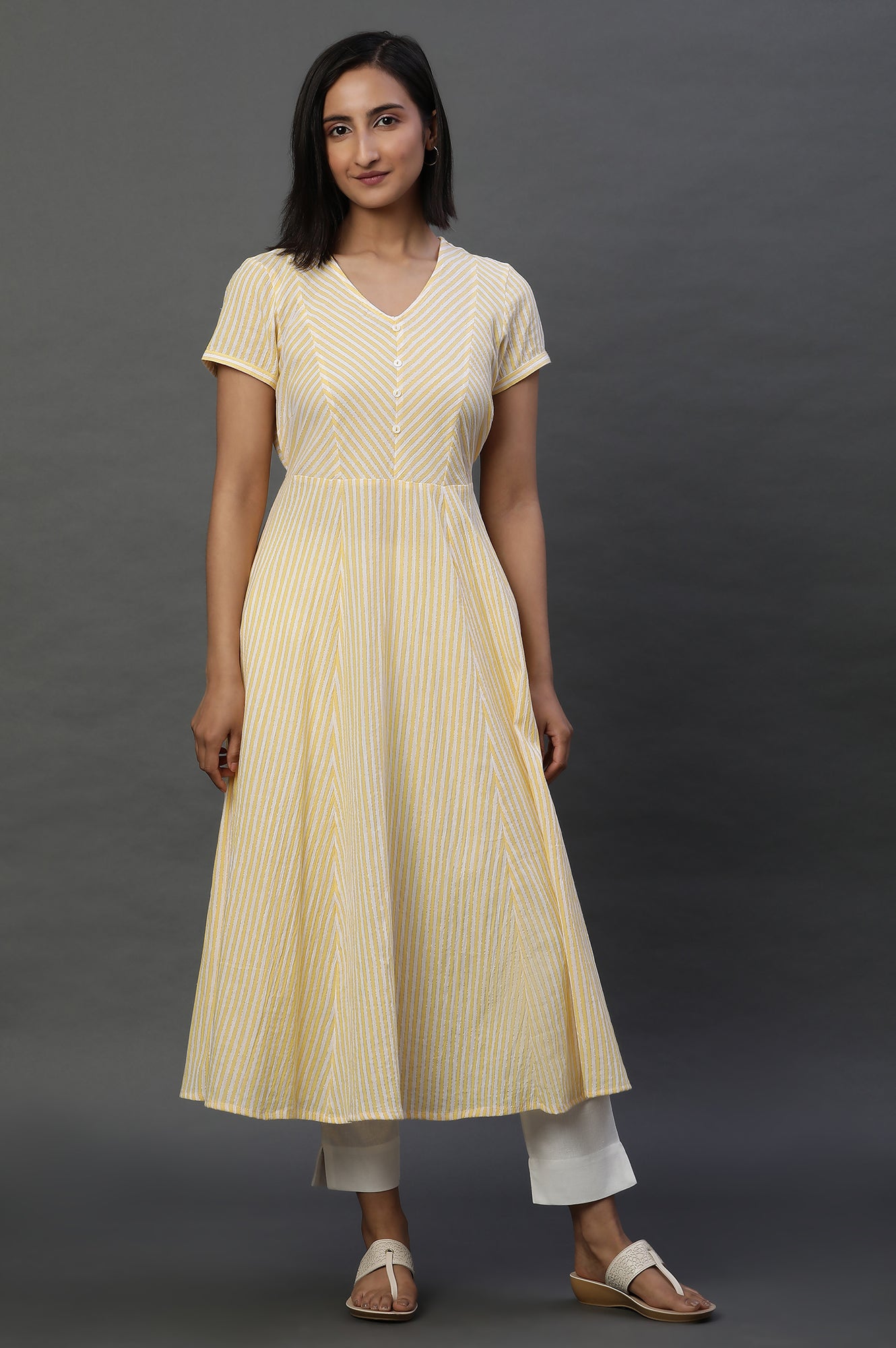 Yellow and White Cotton Lurex Stripes Flared Kurta