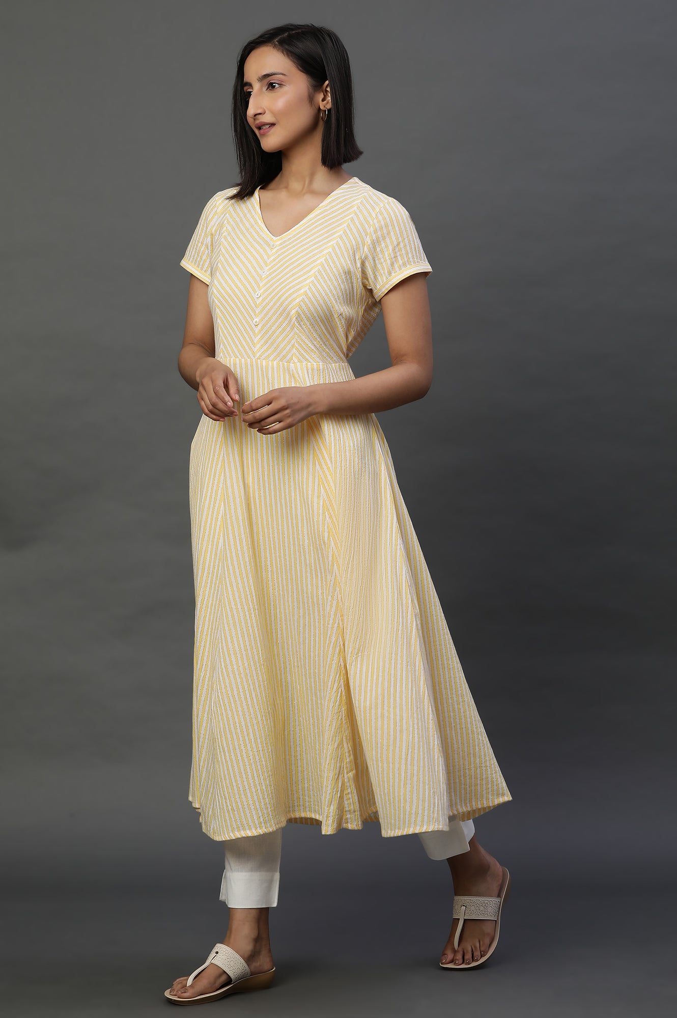 Yellow and White Cotton Lurex Stripes Flared Kurta