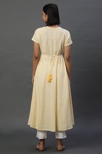 Yellow and White Cotton Lurex Stripes Flared Kurta