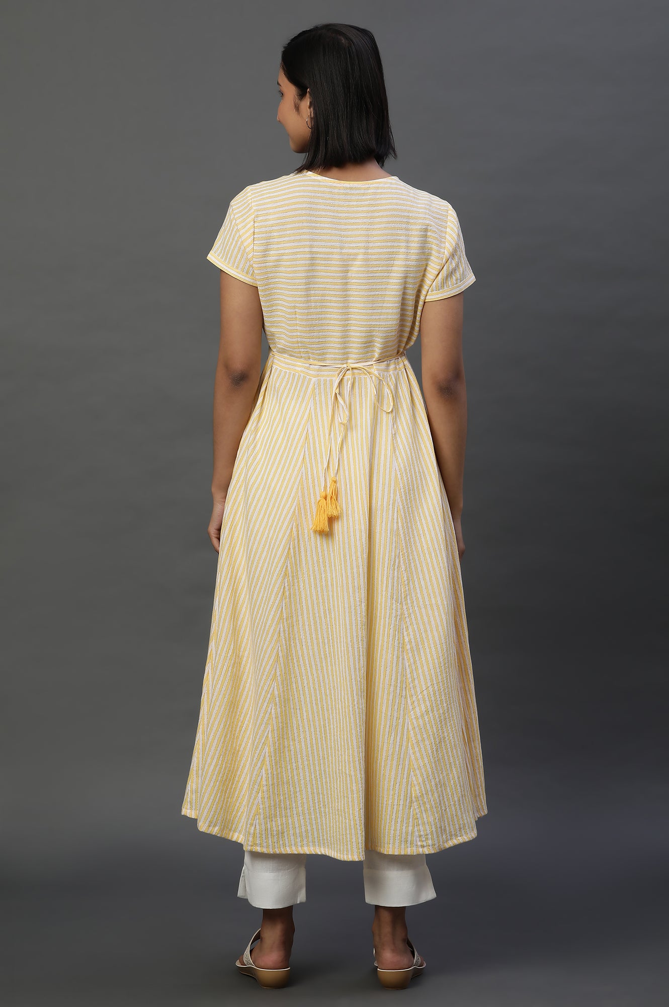 Yellow and White Cotton Lurex Stripes Flared Kurta