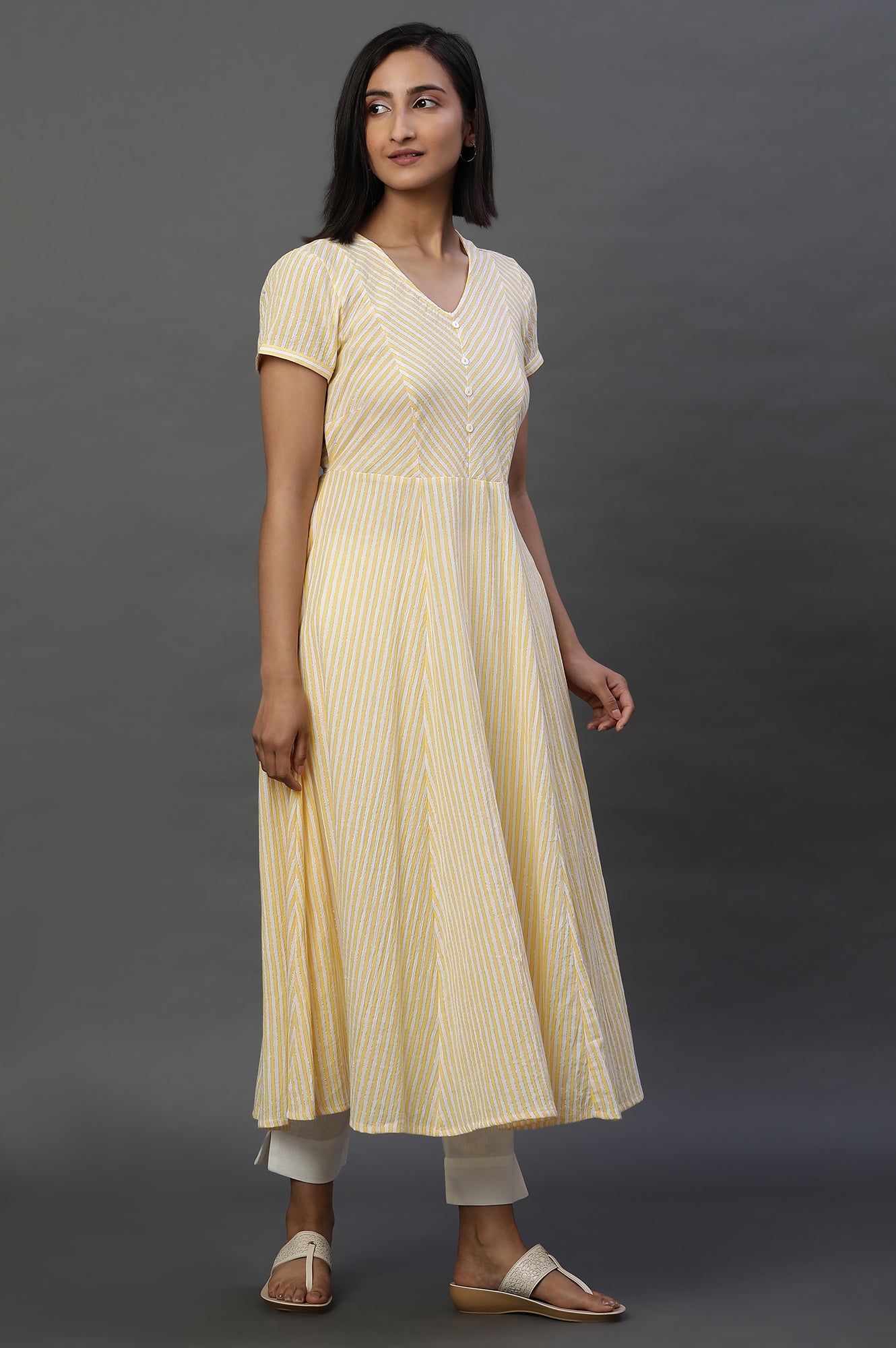 Yellow and White Cotton Lurex Stripes Flared Kurta