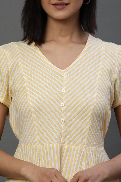 Yellow and White Cotton Lurex Stripes Flared Kurta