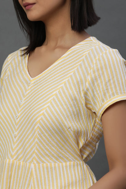 Yellow and White Cotton Lurex Stripes Flared Kurta