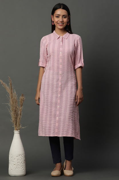 Pink Shirt Collar Seer Sucker Kurta