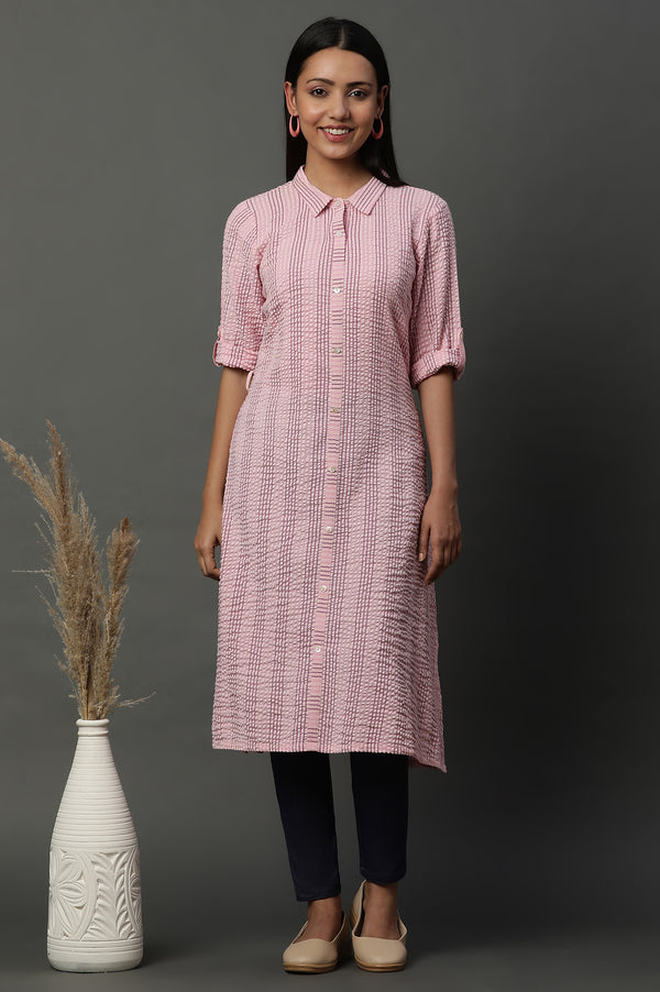 Pink Shirt Collar Textured Cotton Kurta