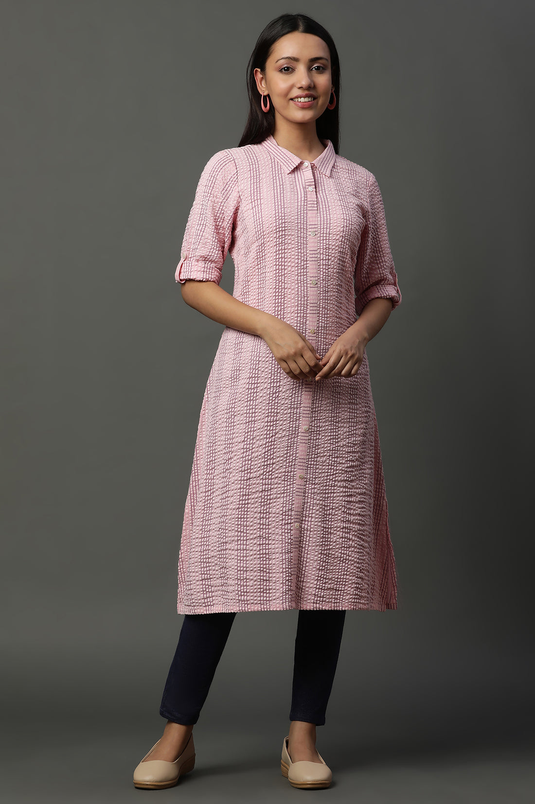 Pink Shirt Collar Textured Cotton Kurta