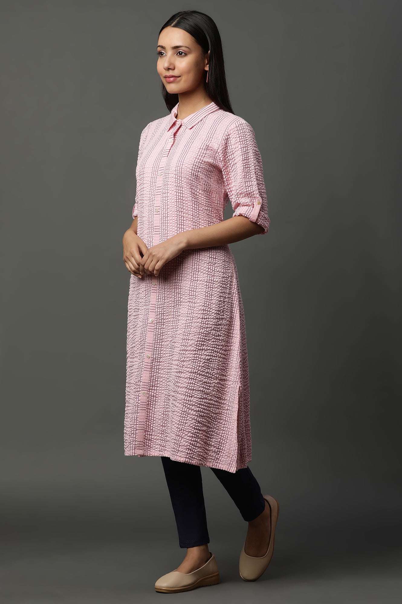 Pink Shirt Collar Seer Sucker Kurta