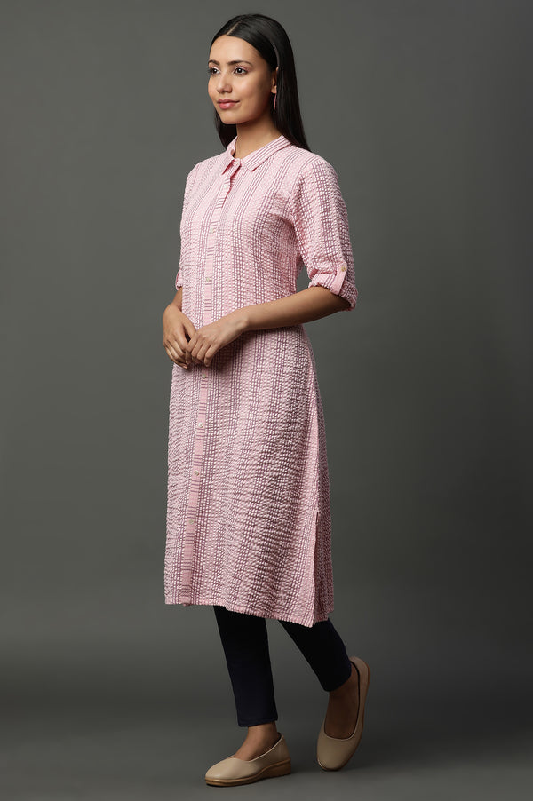 Pink Shirt Collar Textured Cotton Kurta