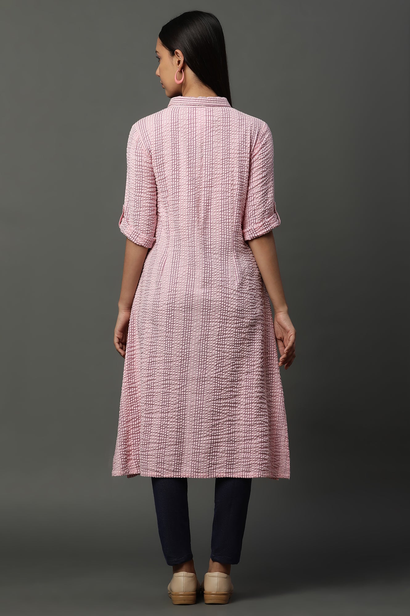 Pink Shirt Collar Seer Sucker Kurta