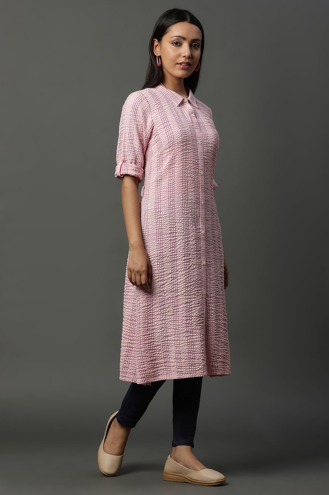 Pink Shirt Collar Textured Cotton Kurta