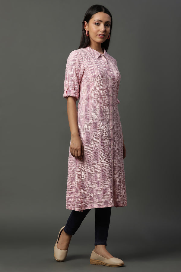 Pink Shirt Collar Textured Cotton Kurta