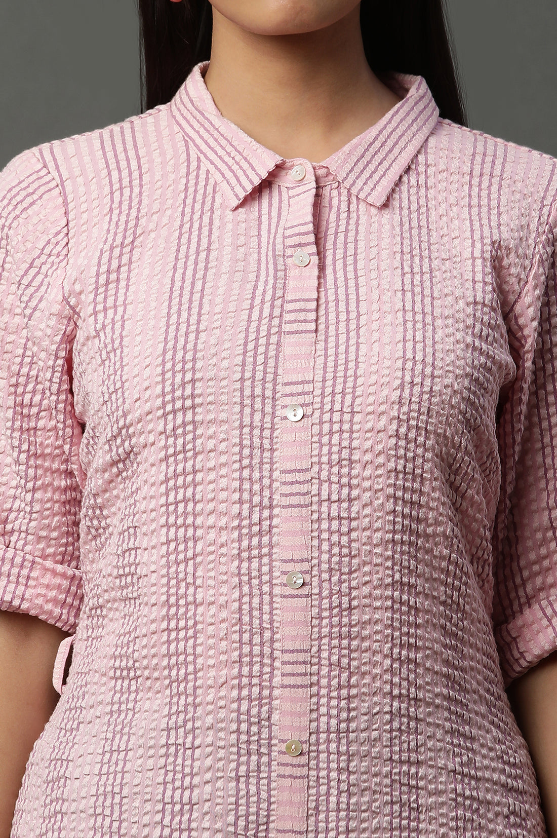 Pink Shirt Collar Textured Cotton Kurta
