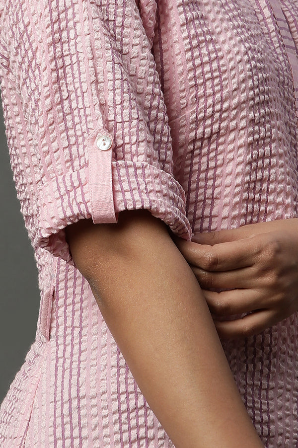 Pink Shirt Collar Textured Cotton Kurta