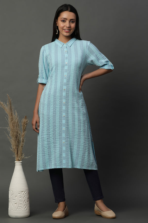Blue Shirt Collar Textured Cotton Kurta