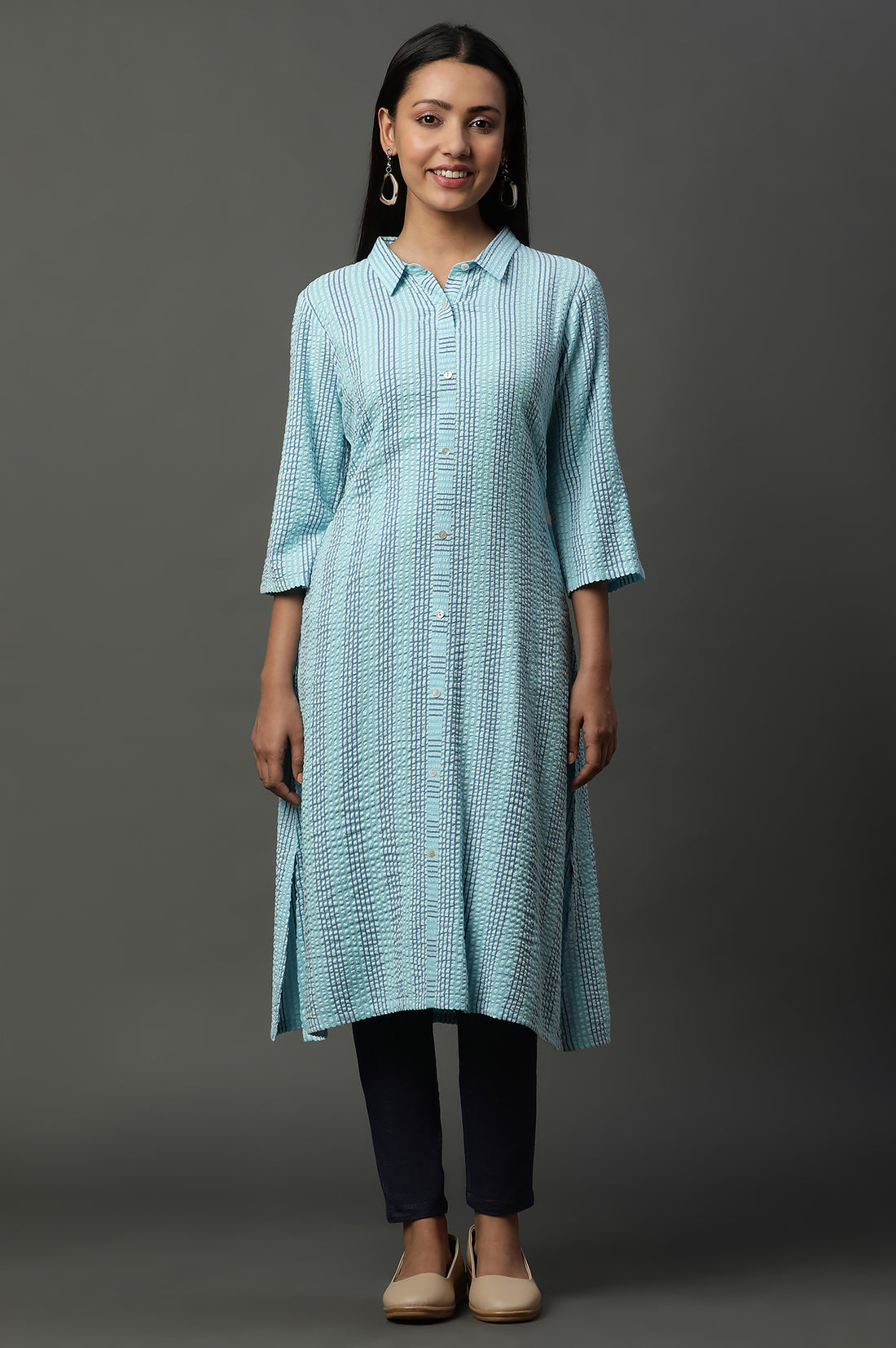 Blue Shirt Collar Textured Cotton Kurta