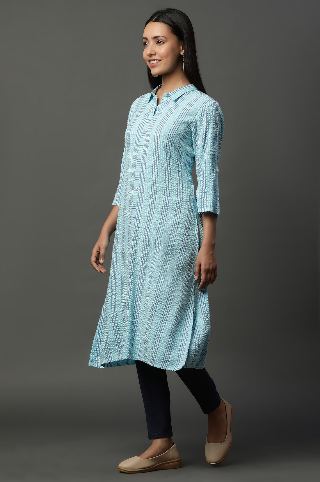 Blue Shirt Collar Textured Cotton Kurta