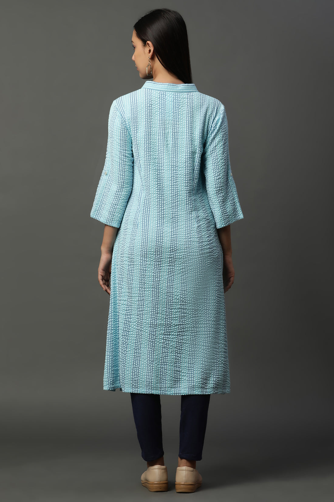 Blue Shirt Collar Textured Cotton Kurta