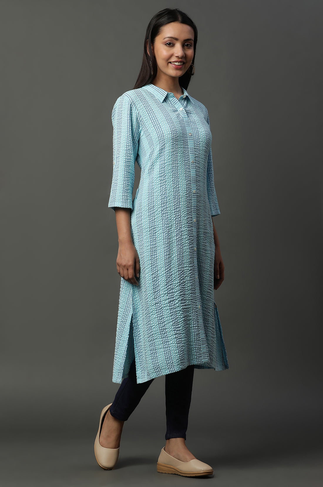 Blue Shirt Collar Textured Cotton Kurta