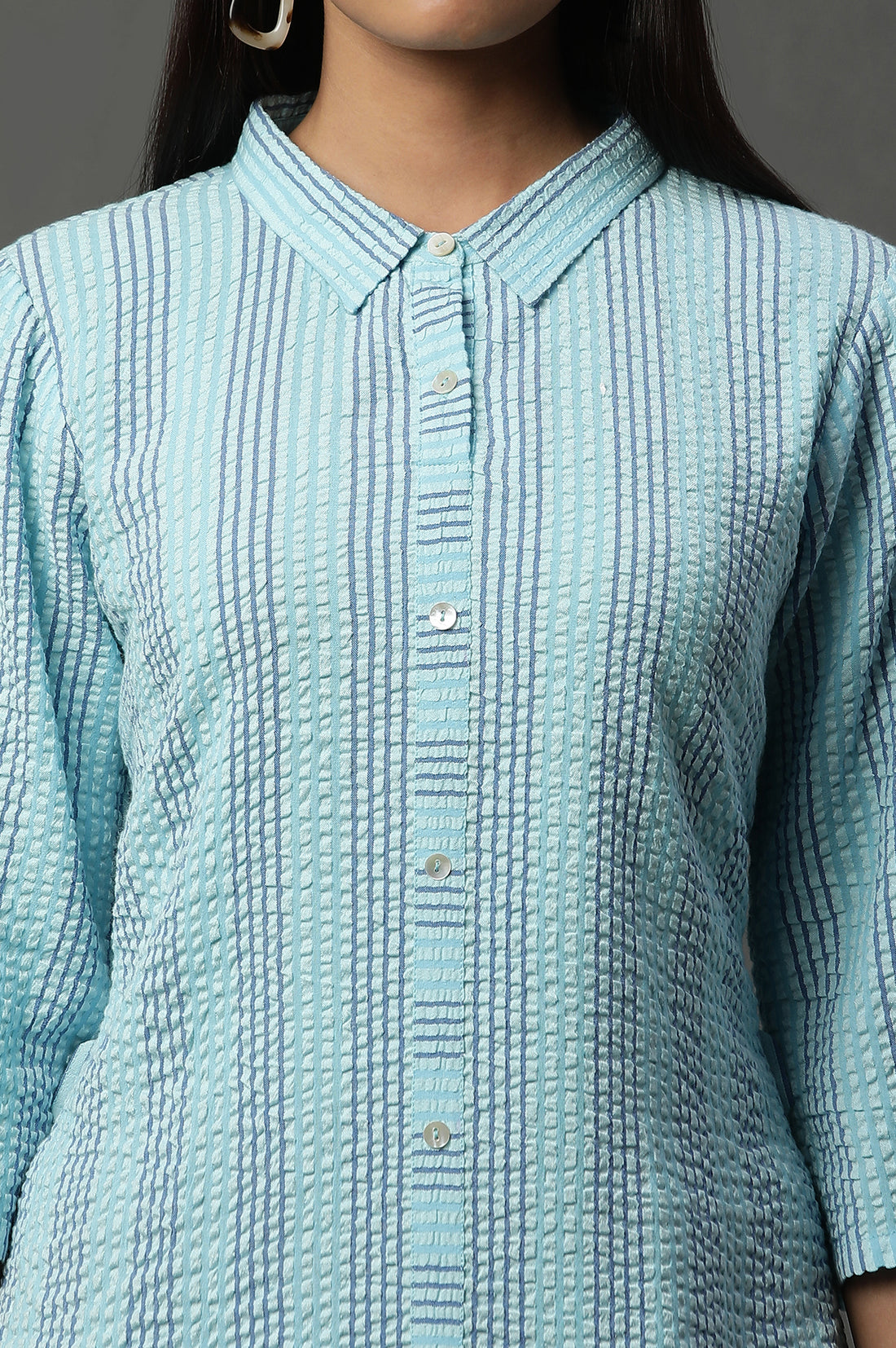 Blue Shirt Collar Textured Cotton Kurta