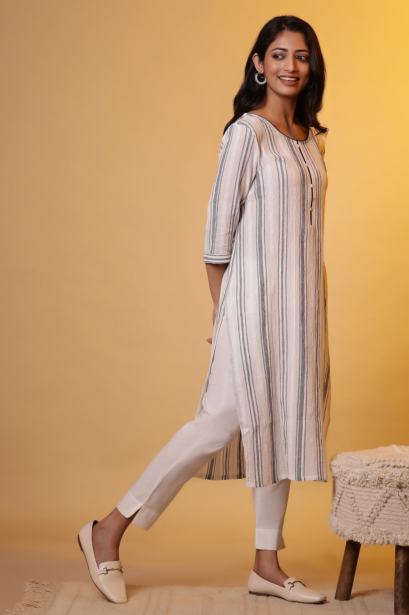 White Yarn-Dyed Striped Kurta