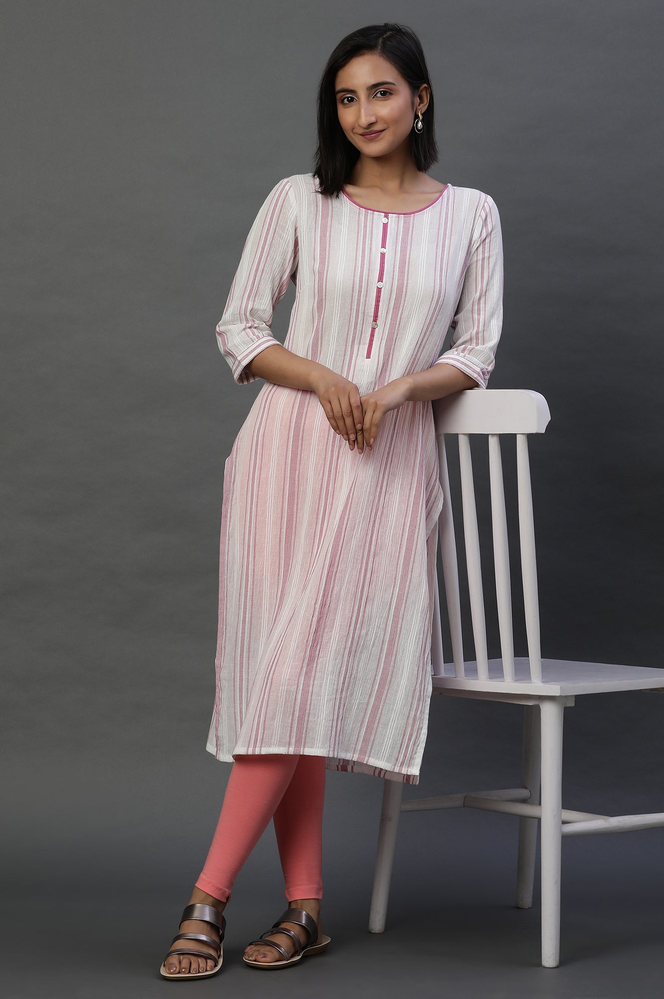 White Yard Dyed Casual Kurta with Stripes