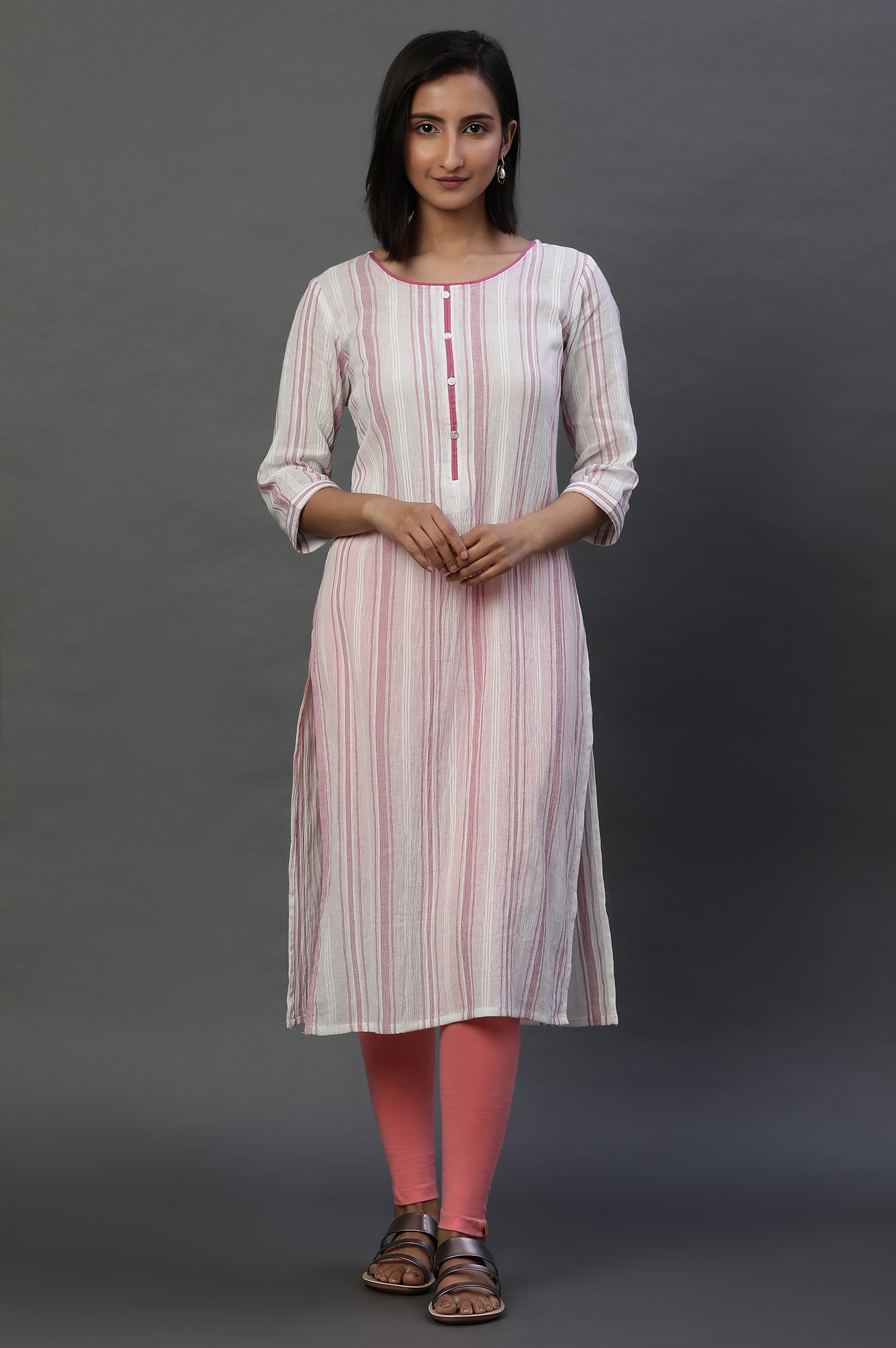 White Yard Dyed Casual Kurta with Stripes