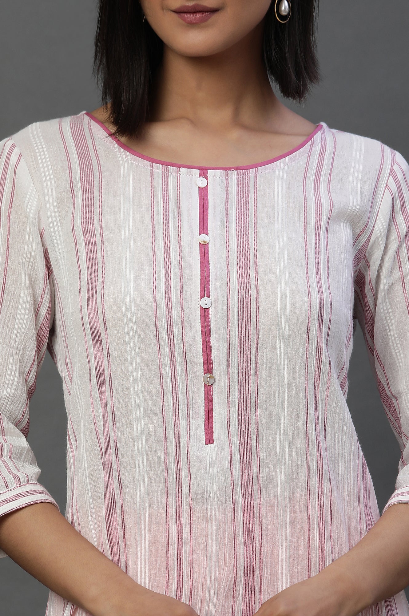 White Yard Dyed Casual Kurta with Stripes