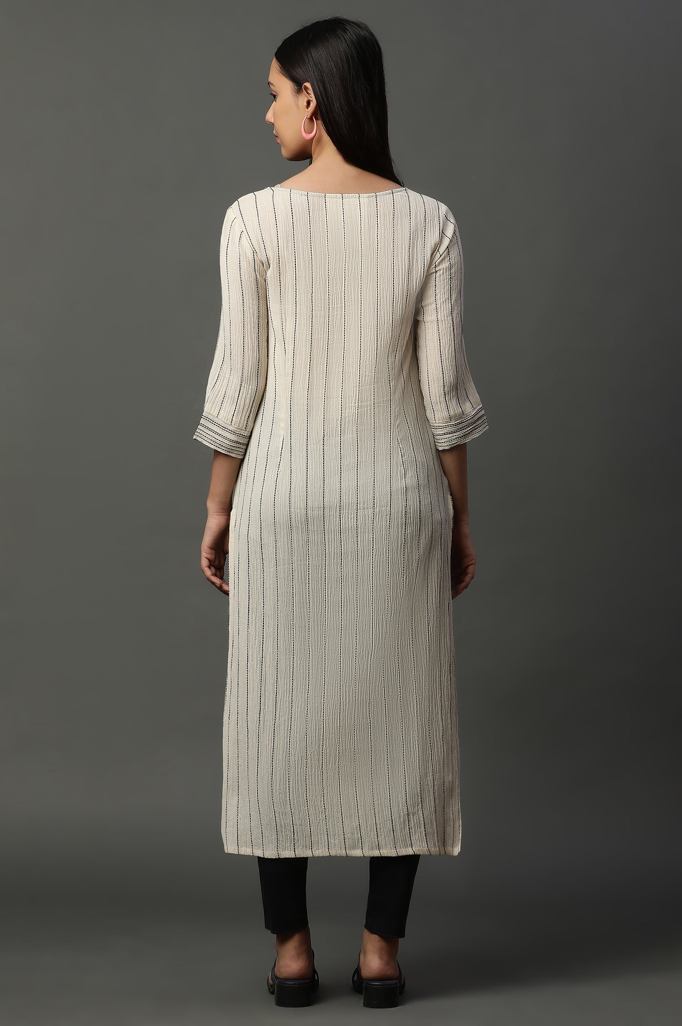 Beige Striped Yarn-Dyed Crinkle Kurta