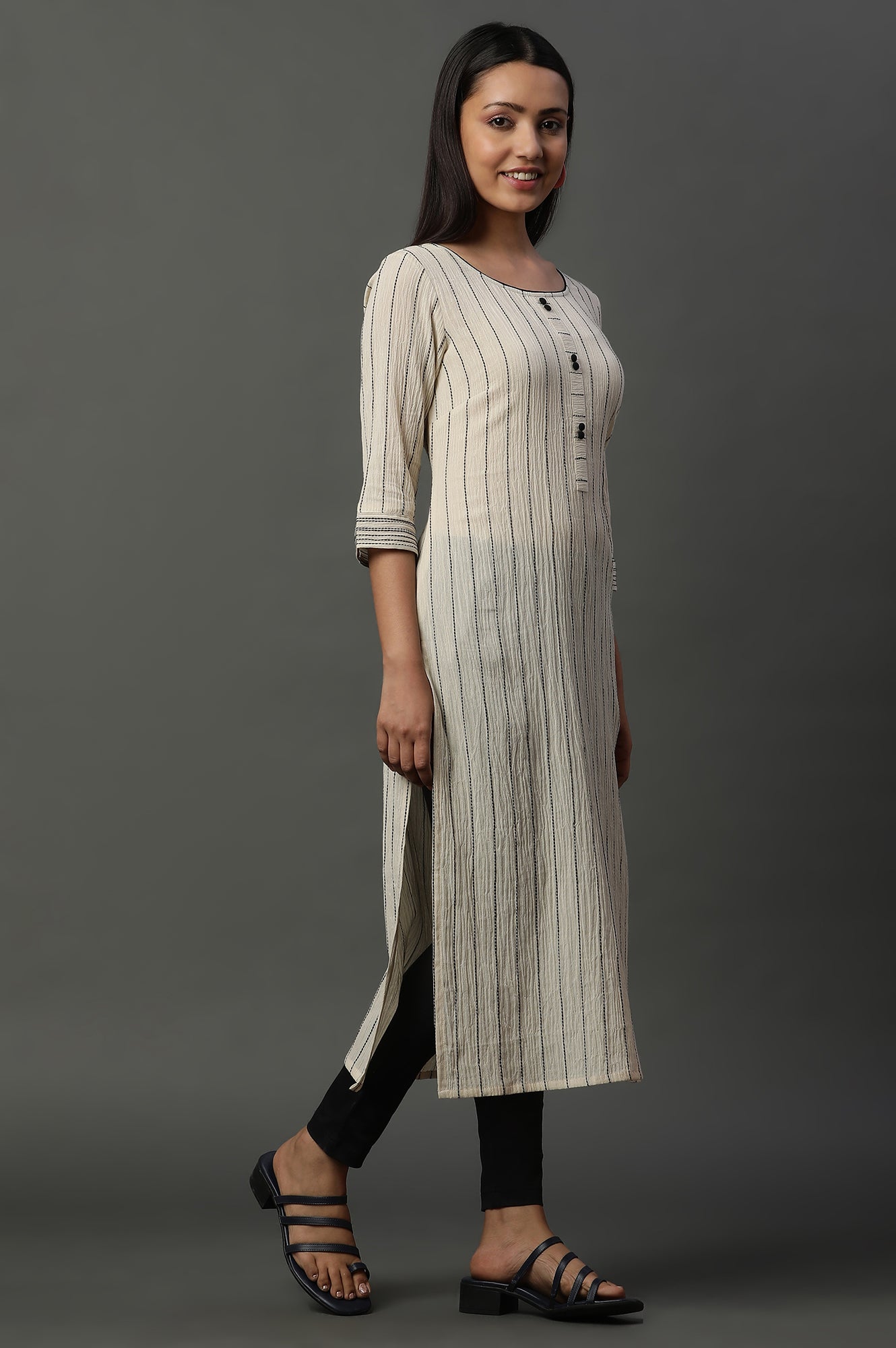 Beige Striped Yarn-Dyed Crinkle Kurta