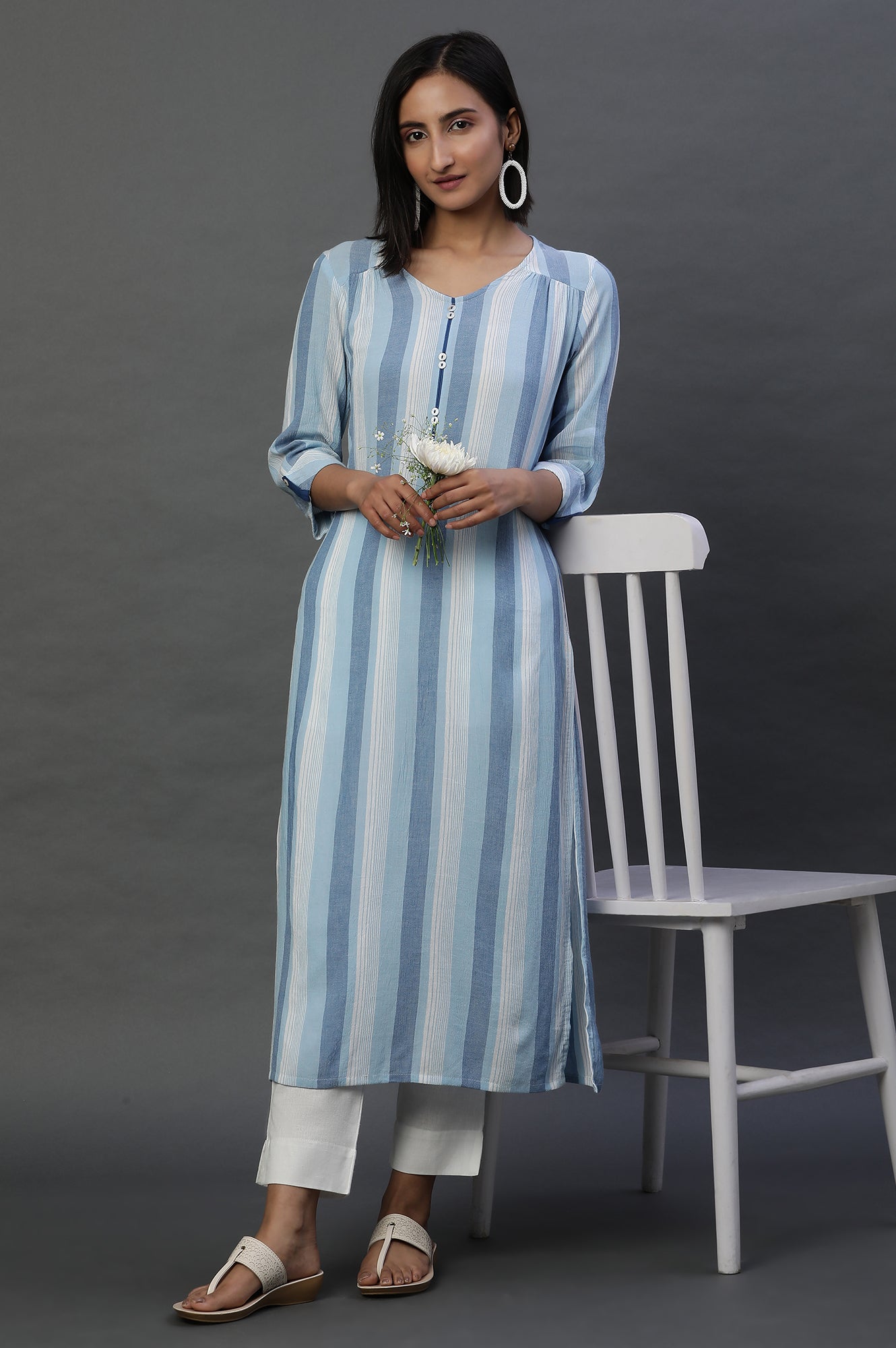 Blue and White Stripe Printed Casual Kurta