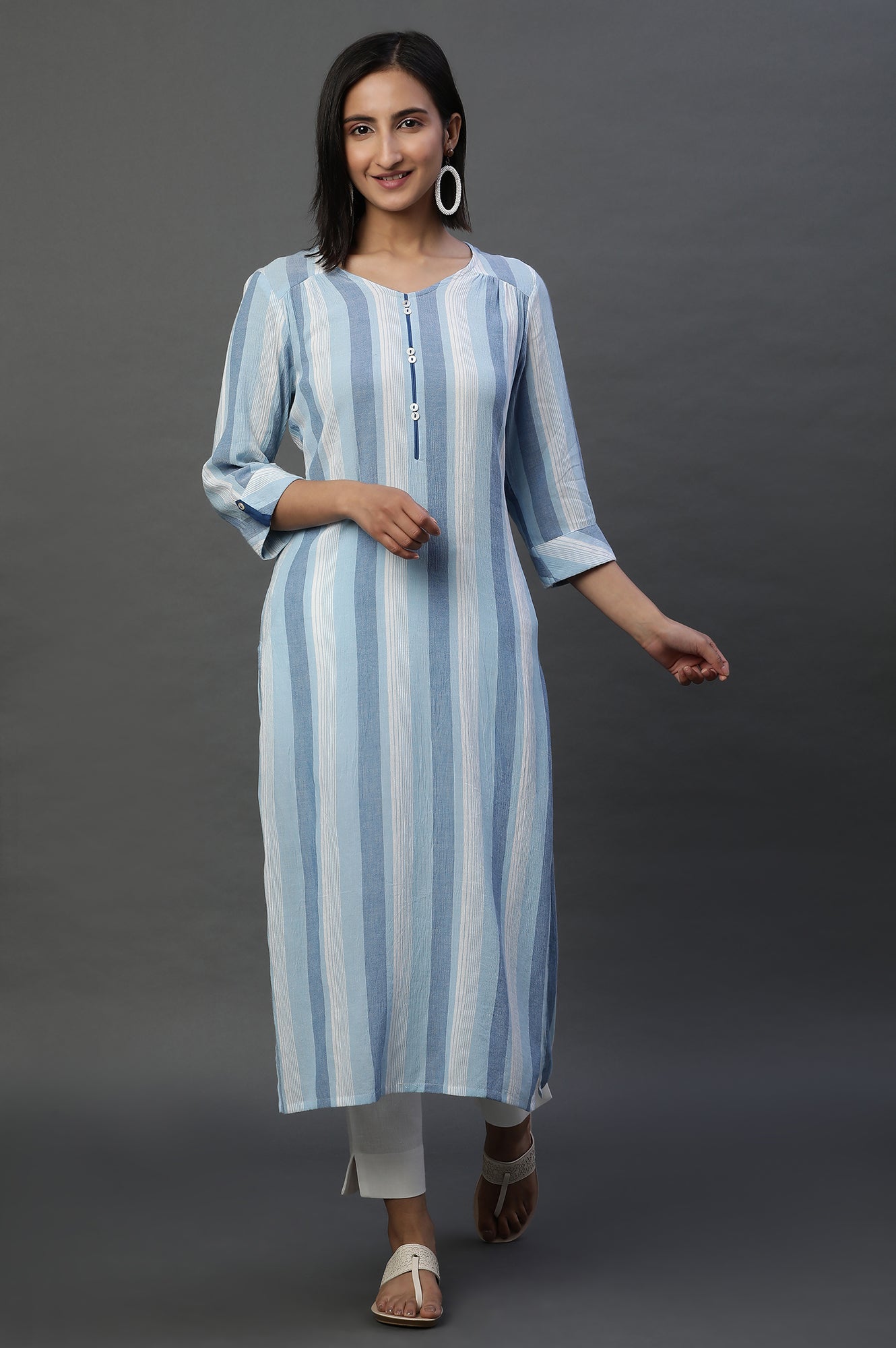 Blue and White Stripe Printed Casual Kurta