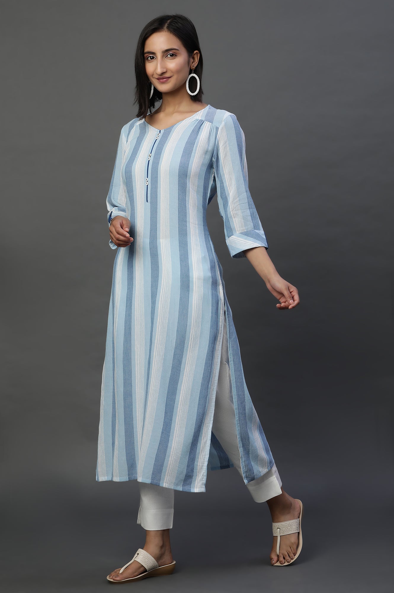 Blue and White Stripe Printed Casual Kurta