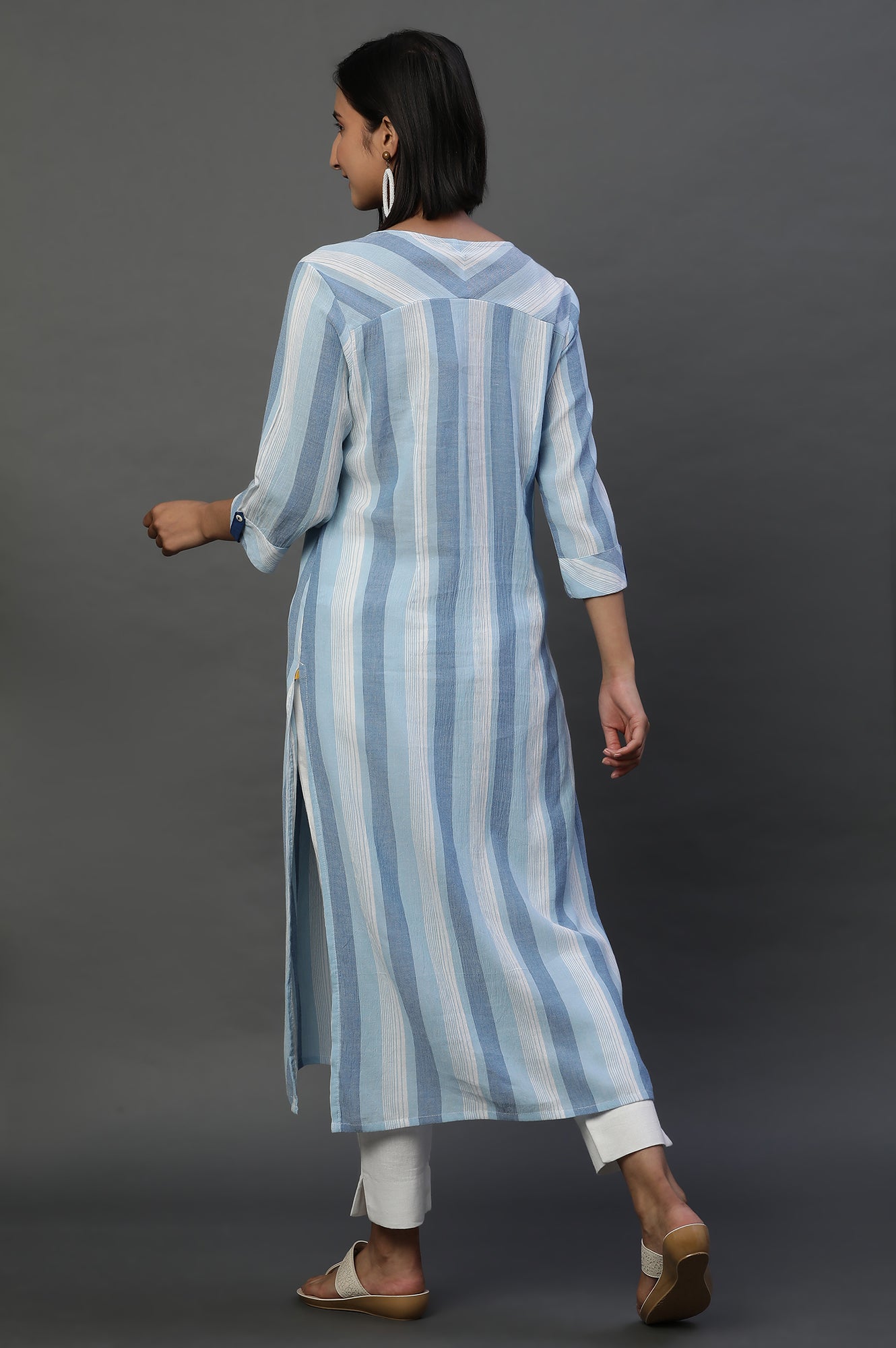 Blue and White Stripe Printed Casual Kurta