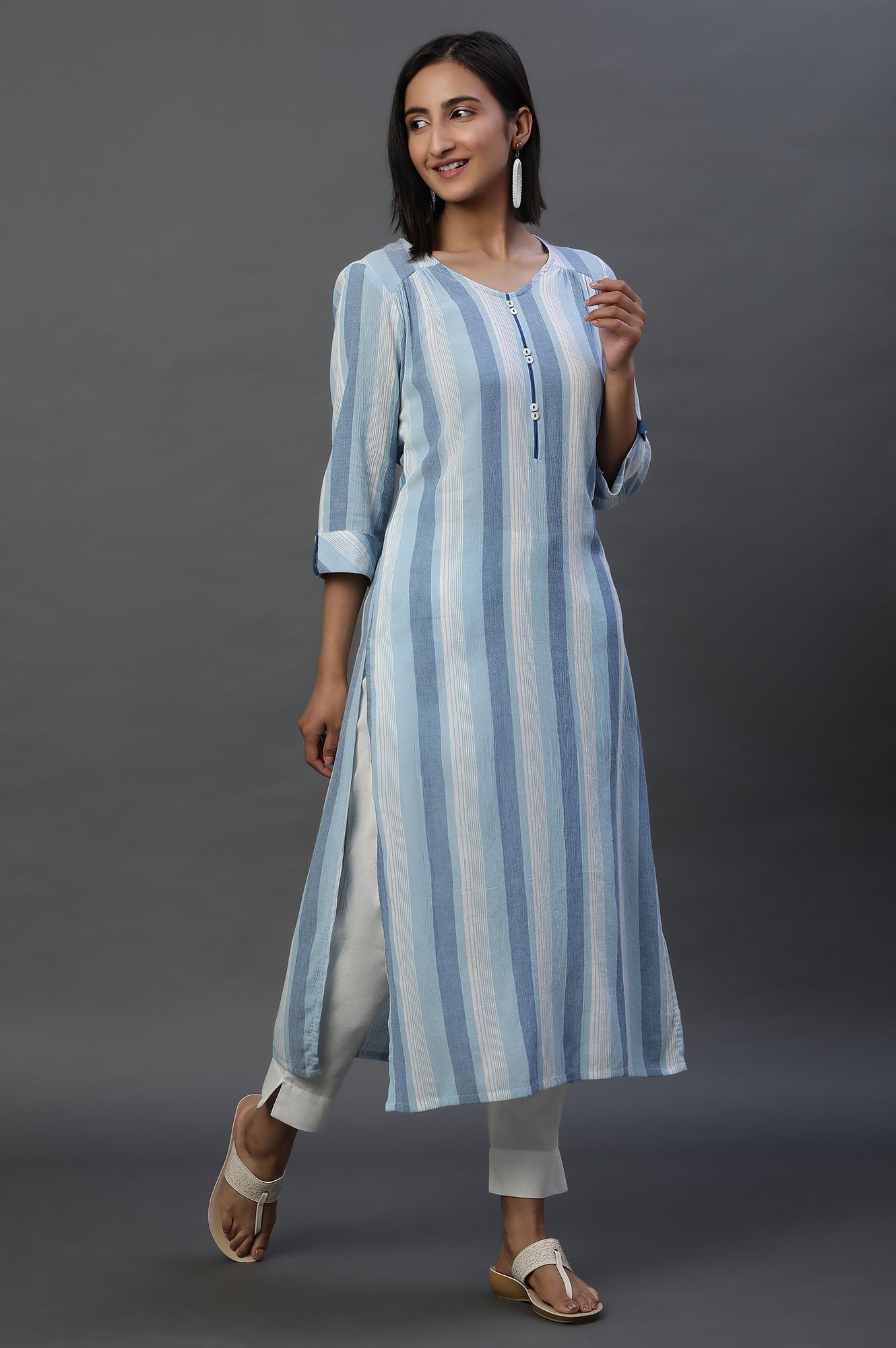 Blue and White Stripe Printed Casual Kurta