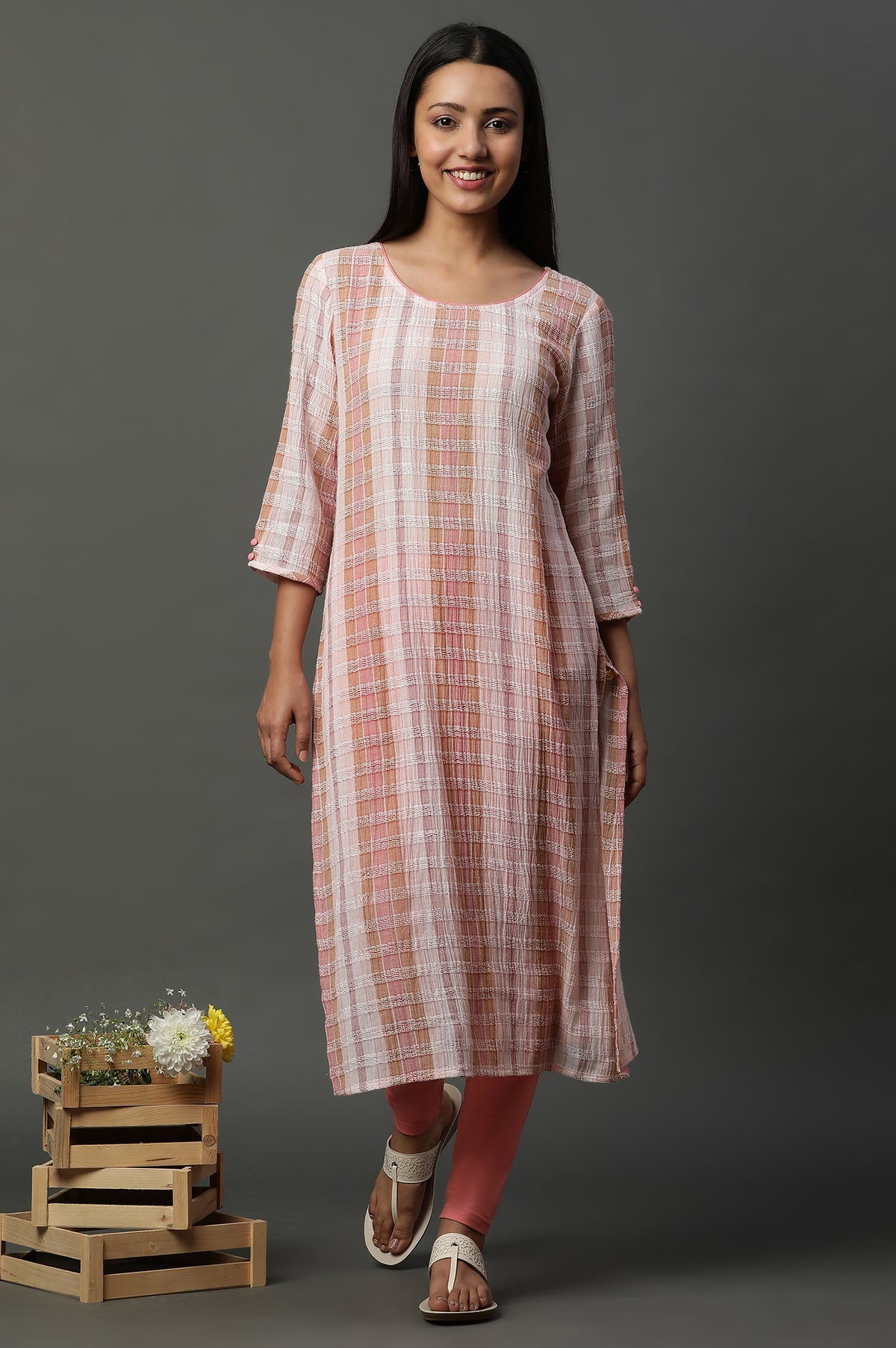 Shell Pink Printed Yarn-Dyed Kurta - XS