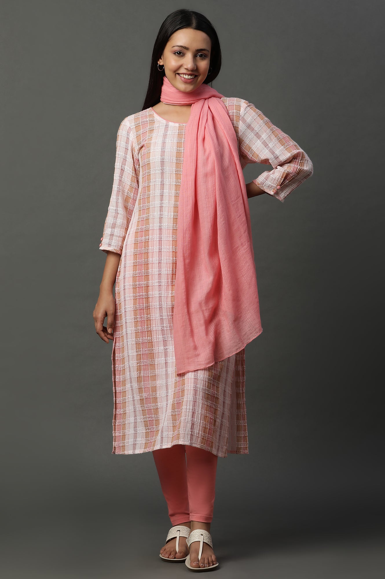 Shell Pink Printed Yarn-Dyed Kurta