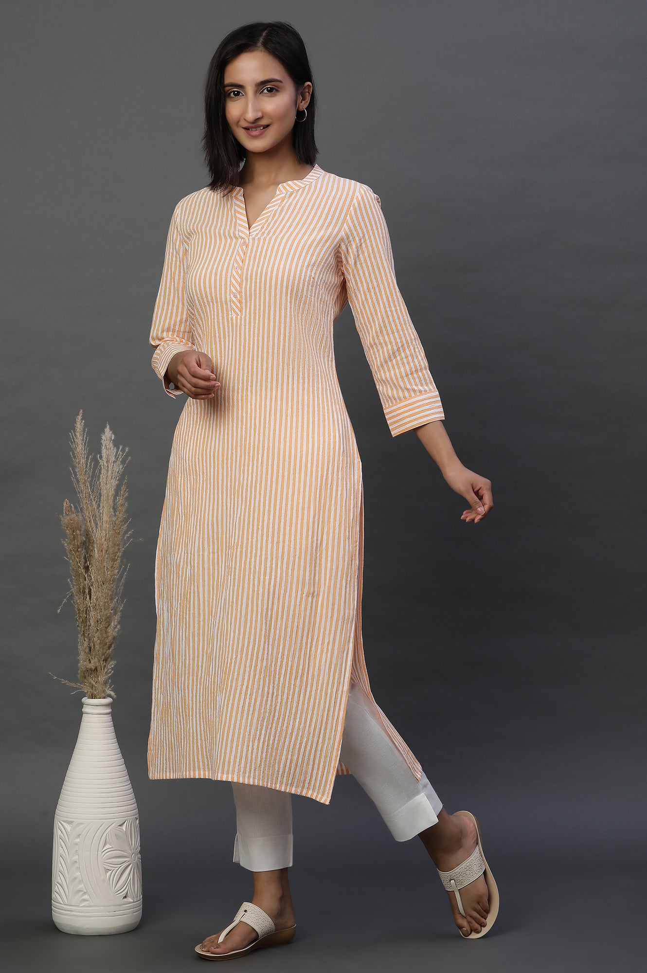 Orange and White Stripe Casual Kurta