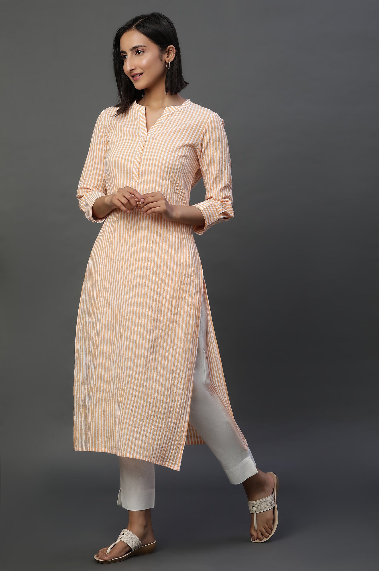 Orange and White Stripe Casual Kurta