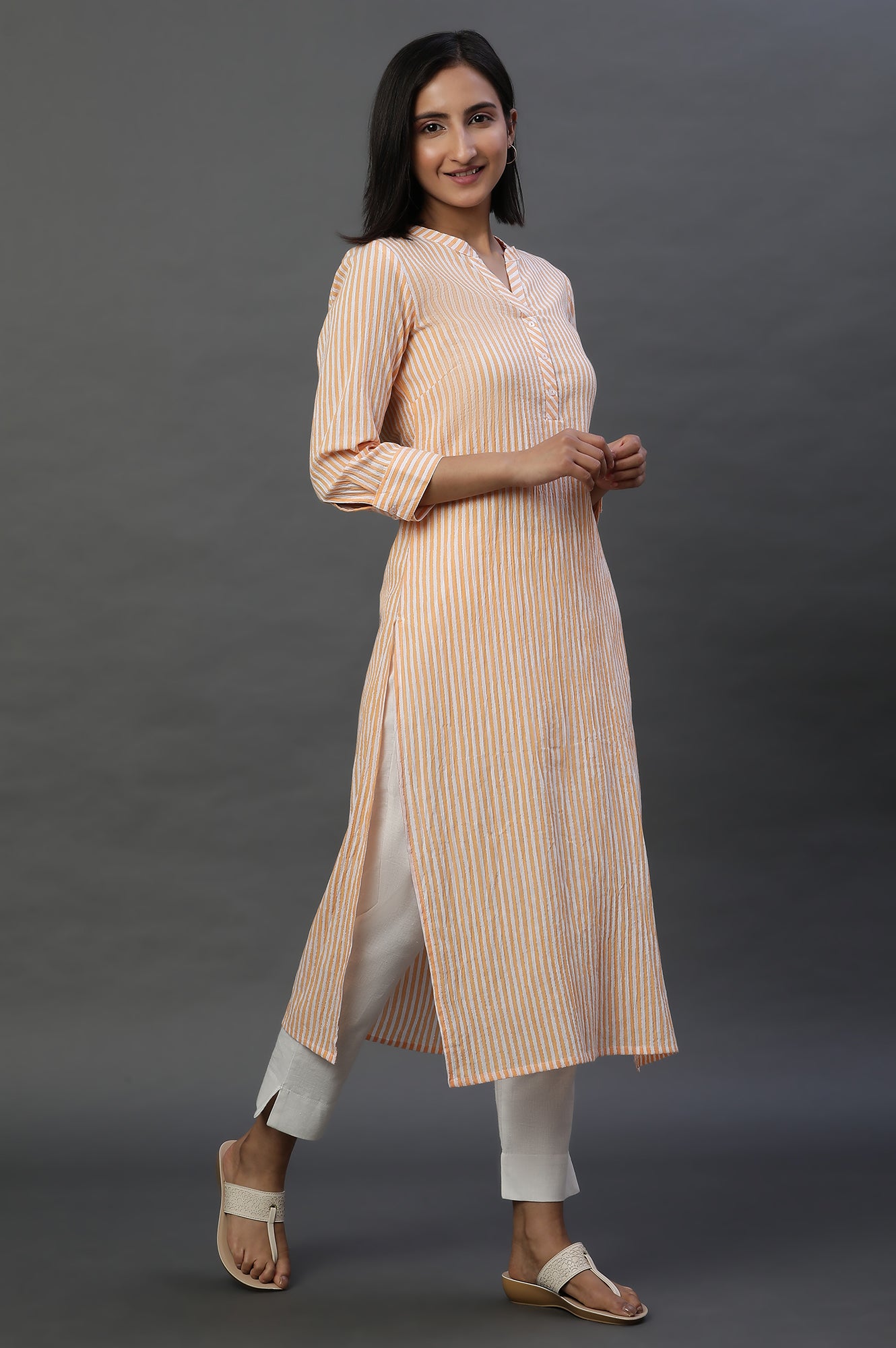 Orange and White Stripe Casual Kurta