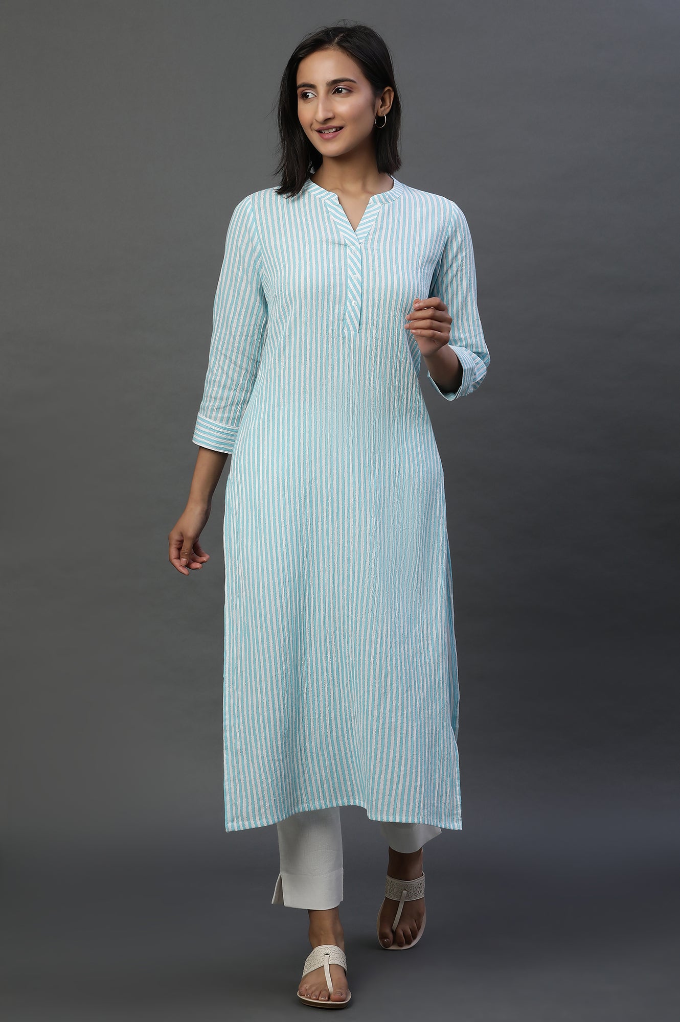 Blue and White Stripe Casual Kurta